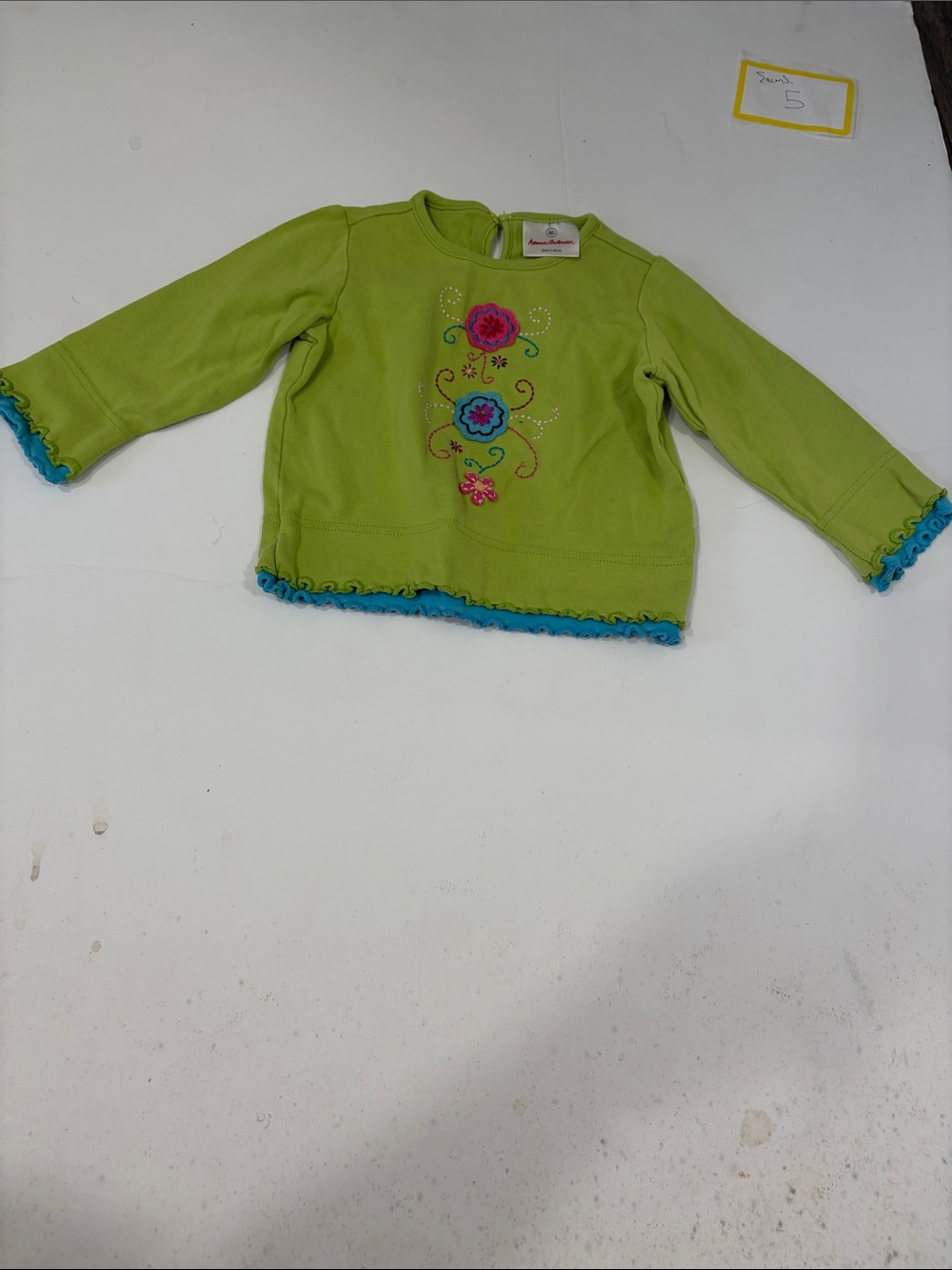 Hanna Andersson Lime Green Top with Blue Trim and Pink/Blue Flower Embroidery